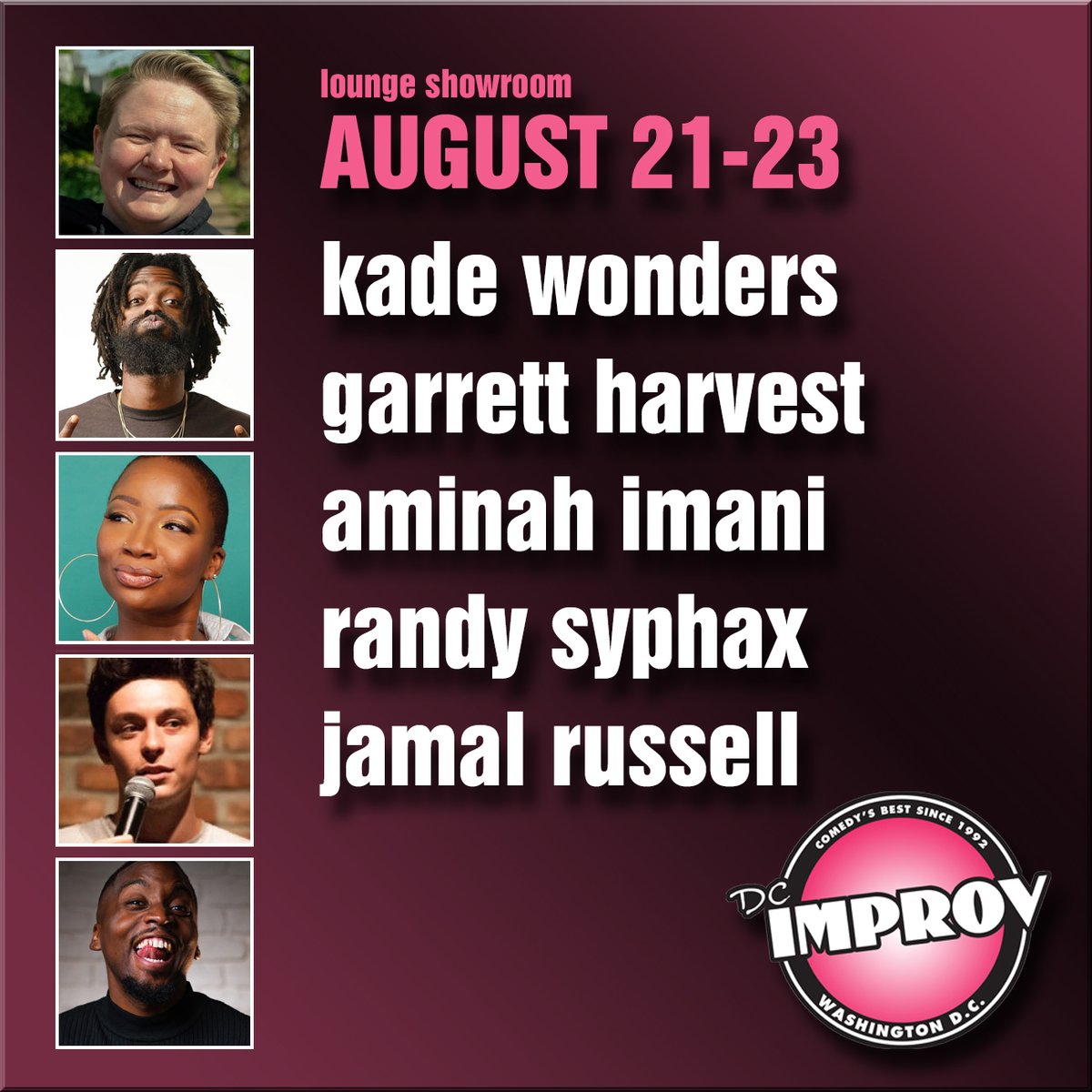 dcimprov's tweet photo. Happy Monday! This week at the club ...
@GregWarren headlines the weekend
#PunDMV returns Wednesday
@Rahmein88 presents Couples Therapy on Thursday
stand-up showcase in our lounge https://t.co/fosjYhgoSb