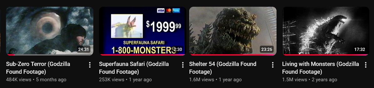 FancyMedusa's tweet photo. @Sinvicta Have you seen these? Some of them aren't very horror, some are. But imo HARD mandatory watches for Godzilla fanmade films. All 10/10 watches. https://t.co/3xtZLfoDOI