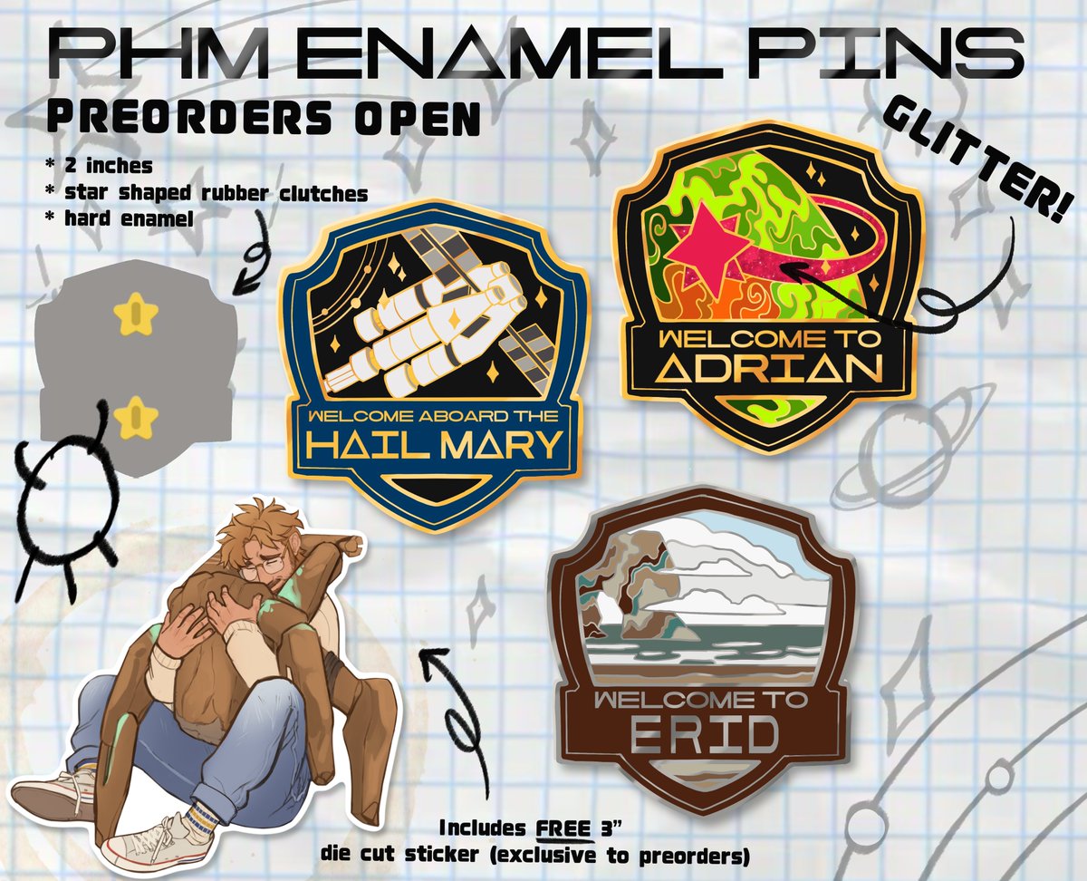 dinomoder's tweet photo. Two weeks left to preorder these PHM enamel pin sets! 💫 #projecthailmary #grocky #savestars https://t.co/n9n1uAWWh9