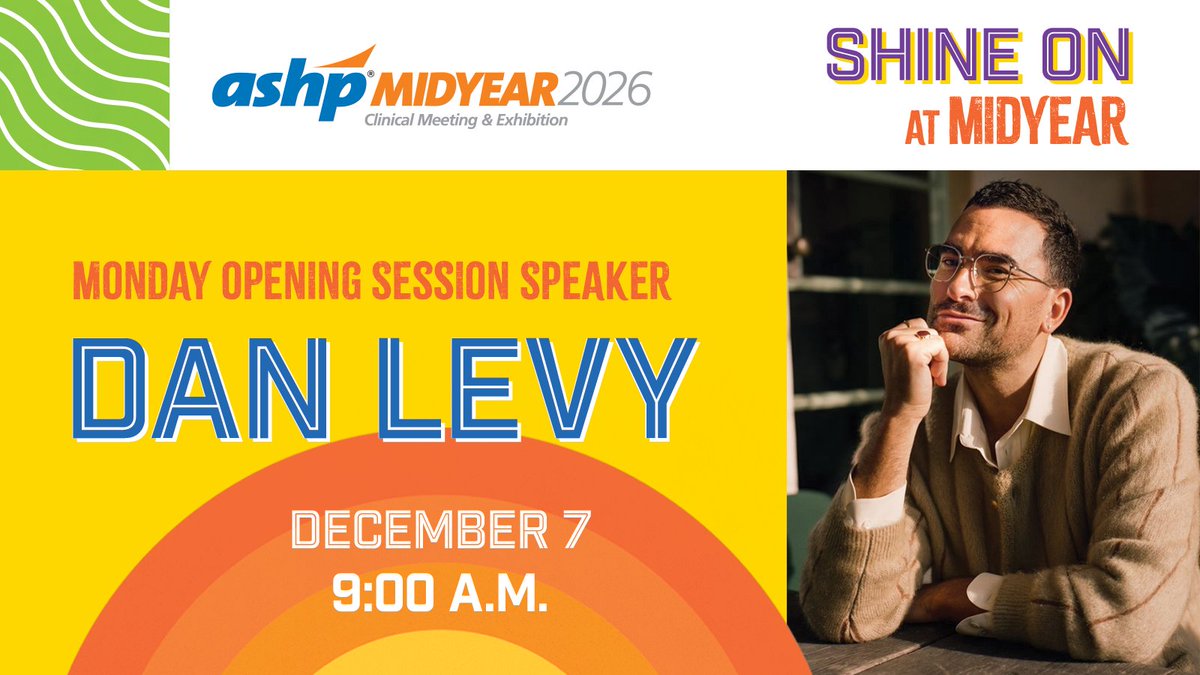 ASHPOfficial's tweet photo. The countdown to #ASHP26 just got a little more exciting! Kick off the Midyear with our Opening Session speaker, Emmy Award-winning creator, writer, director, and actor Dan Levy. Join us Monday morning to hear from the creative force behind Schitt's Creek and discover the insights, experiences, and stories that have shaped his remarkable career. Register today:https://t.co/jbPvfAzO0K