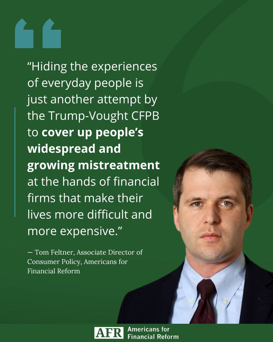 RealBankReform's tweet photo. #ICYMI, on Friday, the CFPB announced a move to shield large corporations from public scrutiny by ceasing publication of complaints submitted to the CFPB as well as data that has been critical to holding corporations accountable. https://t.co/eOE4P48Bb9