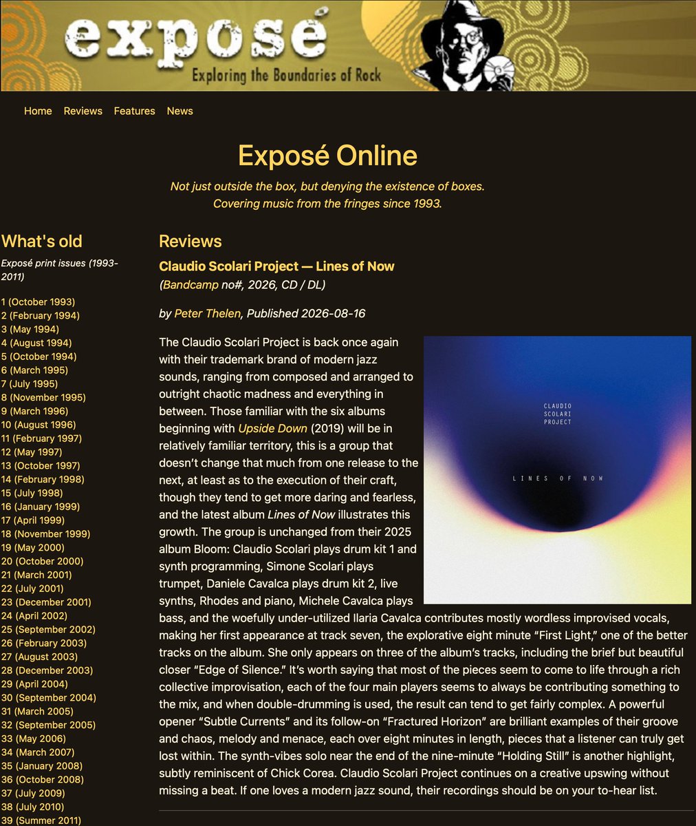 CSPJazzquartet's tweet photo. Exposé Magazine review by Peter Thelen Claudio Scolari Project continues on a creative upswing without missing a beat. If one loves a modern jazz sound, their recordings should be on your to-hear list. #newalbum #claudioscolariproject #jazz #experimental https://t.co/YaxojRLj1r https://t.co/RC1HeVQ8fZ