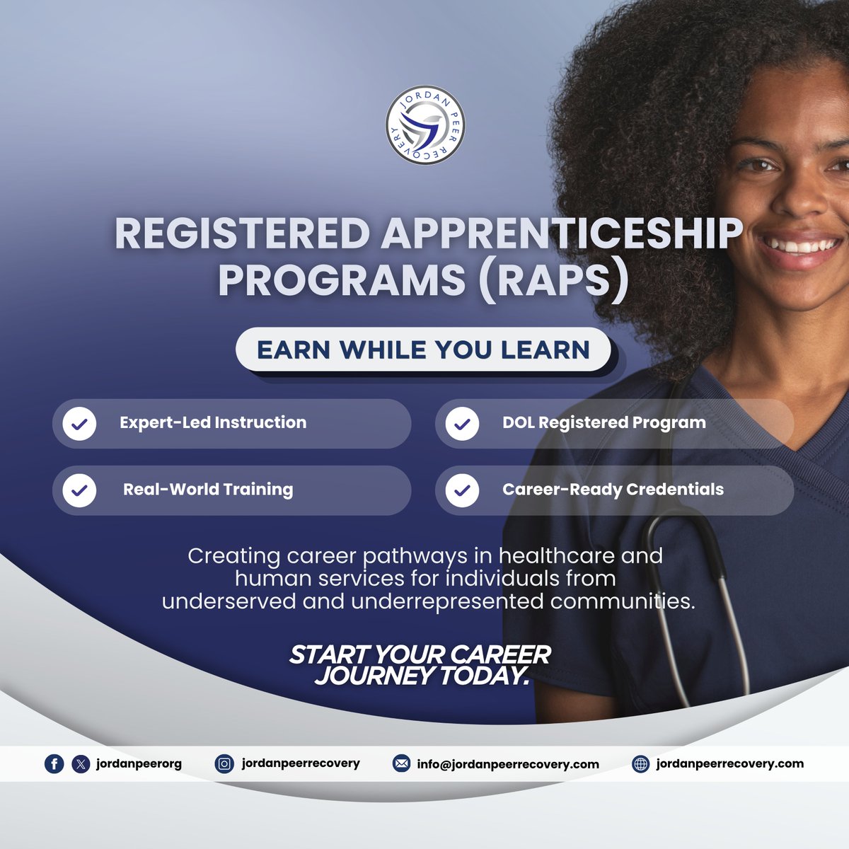 jordanpeerorg's tweet photo. 🎓 Build Your Future While You Learn

Jordan Peer Recovery’s Registered Apprenticeship Programs offer an earn-while-you-learn pathway to careers in healthcare and human services.

🌐 https://t.co/6pPZQZ6NF1

#JordanPeerRecovery #JPRApprenticeship #RAP https://t.co/jYtt4eKTr3