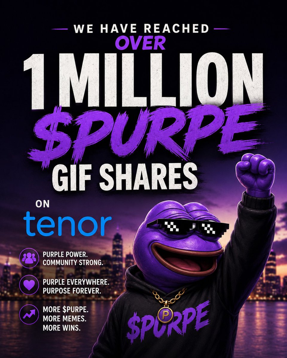 purplepepes0l's tweet photo. We hit 1,000,000 $PURPE GIF shares on Tenor. 💜

This milestone wasn't driven by influencers, massive ad budgets, or a huge presence on X.

It was built by an incredible community sharing memes, creating content, and spreading PURPE across every corner of the internet.

While our footprint on X is still relatively small, PURPE is everywhere else. From group chats and Discord servers to Telegram, Facebook, Reddit, Tenor, and beyond, the community continues to grow stronger every day.

Thank you to everyone who has shared a GIF, made a meme, introduced a friend, or simply believed in what we're building.

1 million shares is just the beginning. 

The community is the utility.

The community is the movement. 🚀