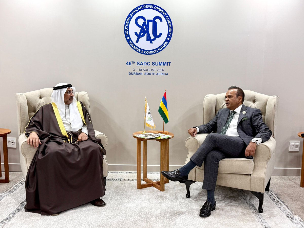 BADEAPRESIDENT's tweet photo. On the sidelines of the 46th Ordinary Summit of Heads of State and Government of the Southern African Development Community (SADC) in Durban, Republic of South Africa, I met with Hon. Dhananjay Ramful, Minister of Foreign Affairs, Regional Integration and International Trade of the Republic of Mauritius.

We exchanged views on strengthening the existing partnership between Mauritius and @badeabank , and on supporting the country’s development priorities through greater cooperation in sustainable development, regional integration, trade and investment.

We look forward to building on this partnership and opening new avenues for cooperation that support Mauritius’ aspirations and contribute to greater integration and shared prosperity across Africa.

#BADEA #SADC #Mauritius #Africa #Development