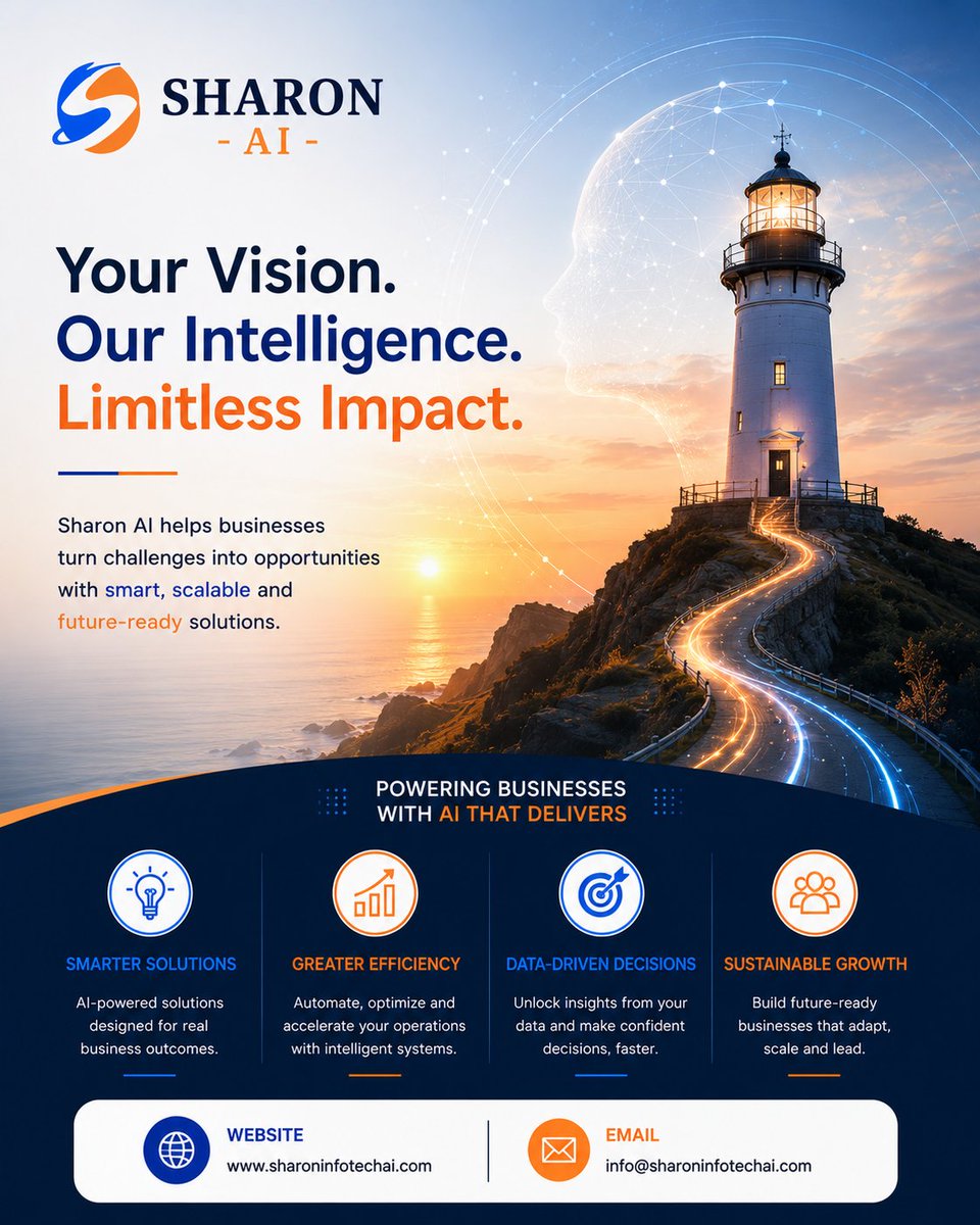 sharoninfo_ai's tweet photo. Your vision. Our intelligence. Limitless impact🚀

SharonAI helps businesses turn challenges into opportunities with smarter solutions, greater efficiency, data-driven decisions &amp; sustainable growth

Build smarter. Scale faster. Grow stronger

#SharonAI #AIForBusiness #Innovation https://t.co/rX49rMHZmK