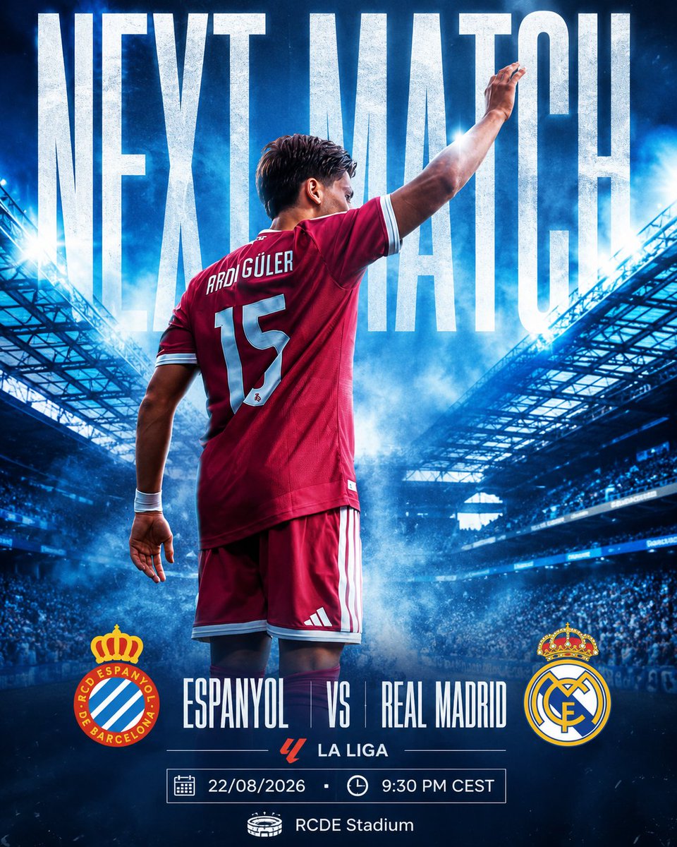 losblancoslab's tweet photo. 🚨Next Game🚨

⚽️Real Madrid x Espanyol
📅22/08/2026  
🕘9:30 PM CEST
🏟️RCE Stadium (Away) https://t.co/WpyDy29DWB