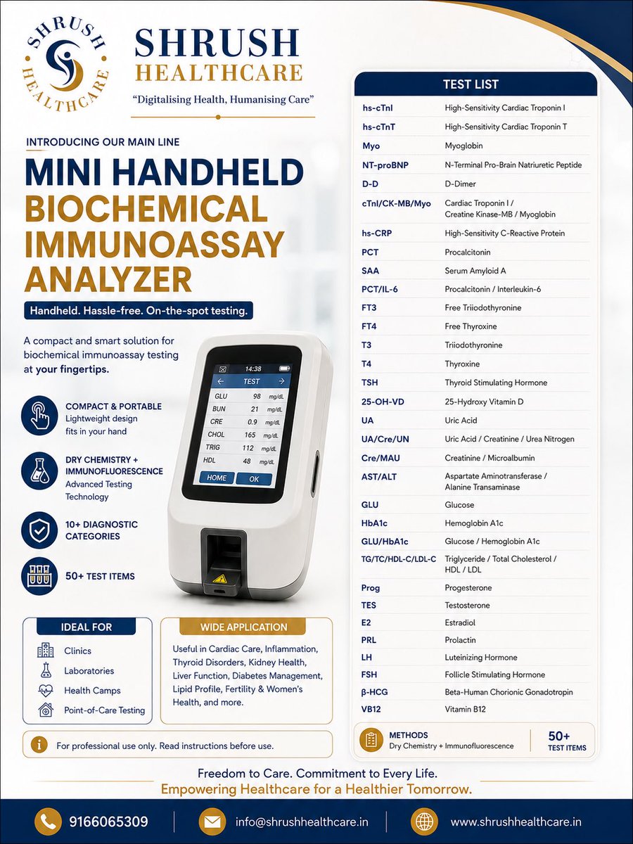 ShrushHealth's tweet photo. With 50+ test items, dry chemistry + immunofluorescence technology, and a lightweight handheld design, it’s an ideal solution for clinics, laboratories, health camps, and point-of-care diagnostics. https://t.co/SXiMfAZ24i