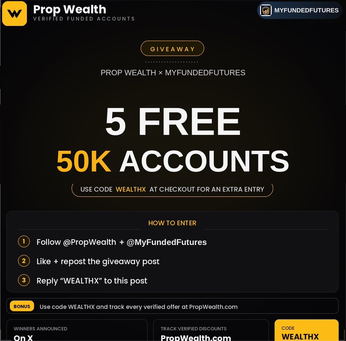 propxwealth's tweet photo. First 999 comments only 💛 

5 × $50k My Funded Futures Giveaway!
Officially Sponsored By Wealth 💛

Use code: WEALTH 
( Maximum Discount + 1 Free Account Upon Payout )

(Winners instantly after 999 comments, using @grok) https://t.co/UBeAm4zuP4