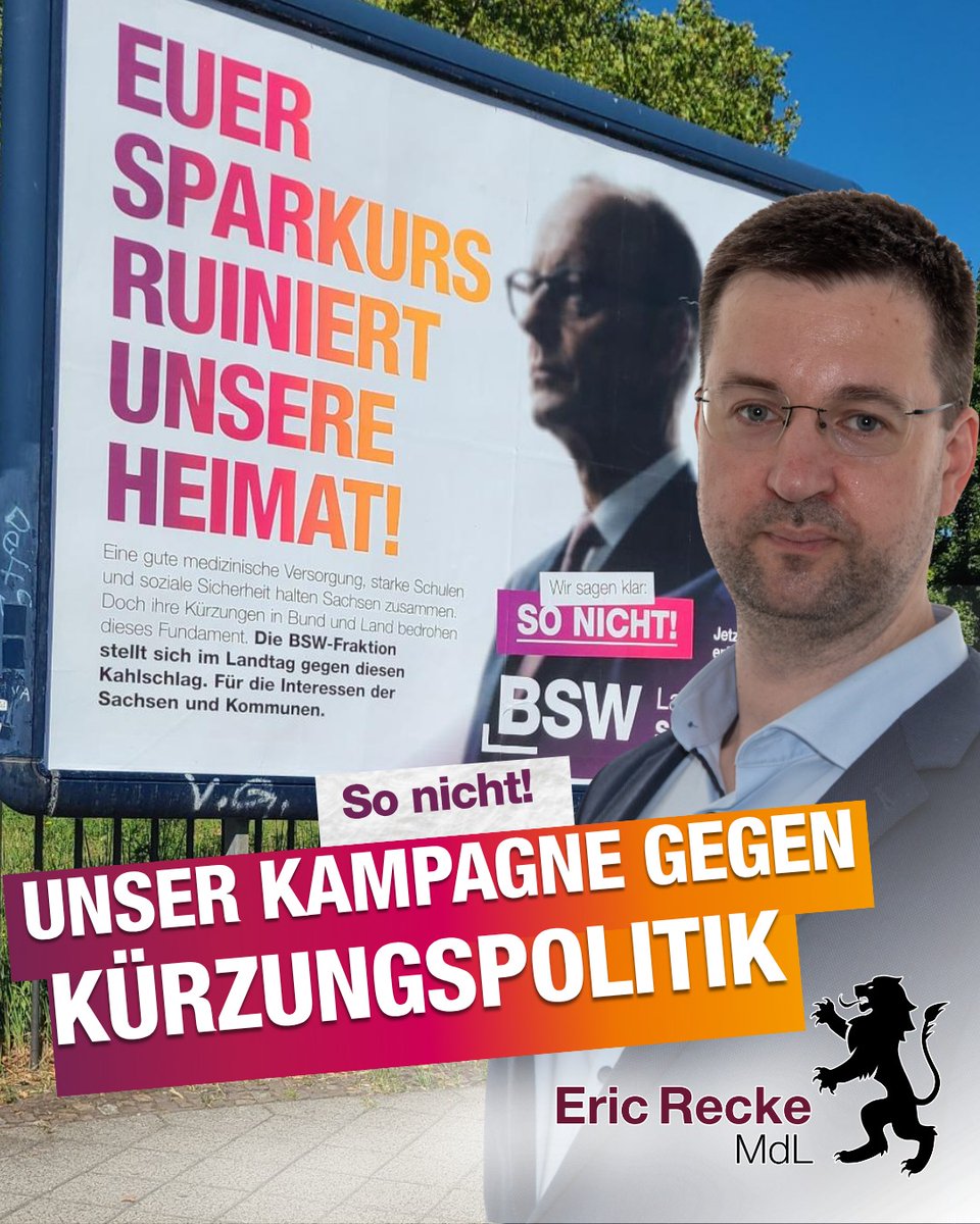 Eric_Recke's tweet photo. In ganz Sachsen und Leipzig hängen jetzt Plakate unserer Kampagne "So nicht!" gegen die Sozialkürzungen der Regierung. Beim kommenden Landeshaushalt und gegen die geplanten Kürzungen im Pflege-, Sozial-, Bildungs-, und Gesundheitsbereich auf Bundesebene stehen wir klar hinter dem Sozialstaat. Wir werden einen Angriff auf unsere Sozialsysteme zur Finanzierung von Aufrüstung und verfehlter Energiepolitik nicht hinnehmen.

Für Leipzig wären die Kürzungen durch die hohe Verschuldung und die schlechte Haushaltslage eine zusätzliche nicht tragbare Überlastung. Wir fordern stattdessen für den Landeshaushalt 2027/2028 eine klare Fokussierung auf Soziales und die Kommunen.

Die gleiche schwarz-rote Regierung, welche auf Bundesebene einen Kriegshaushalt vorbereitet und den Sozialstaat für Rüstungsetats gefährdet, versucht auch auf Landesebene die Kürzungen auf den Kommunen und den Bürgern im Land abzuladen. Wir sagen deshalb: So nicht!