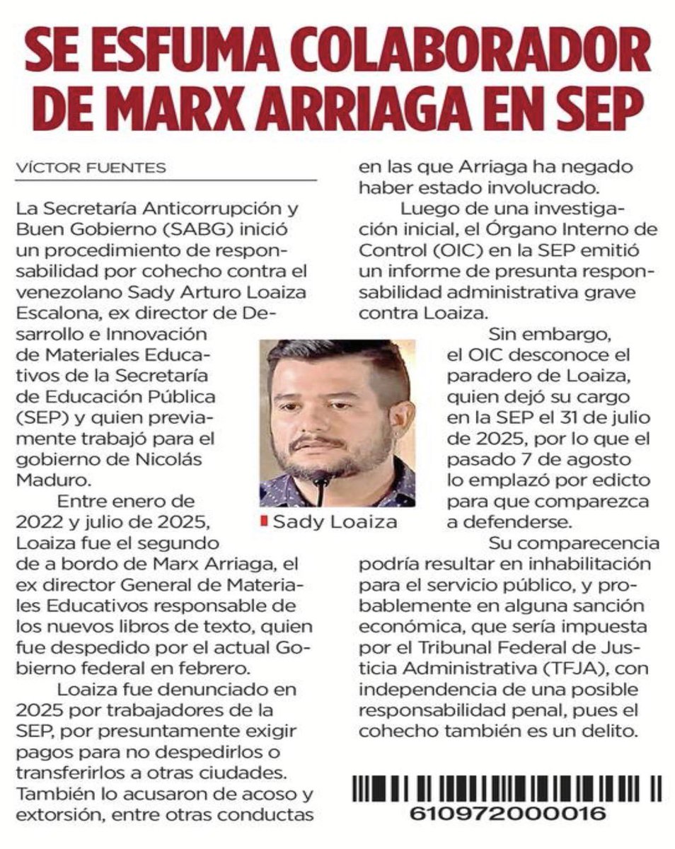 avieu's tweet photo. 📚 Sady Loaiza, exfuncionario del régimen de Nicolás Maduro y mano derecha de Marx Arriaga en la SEP, está acusado de exigir pagos a trabajadores para no despedirlos o trasladarlos.

Anticorrupción ya inició un procedimiento por cohecho y ahora resulta que el Órgano Interno de Control ni siquiera sabe dónde está.

Así terminó uno de los responsables de los nuevos libros de texto de la 4T. 🤦🏻‍♀️