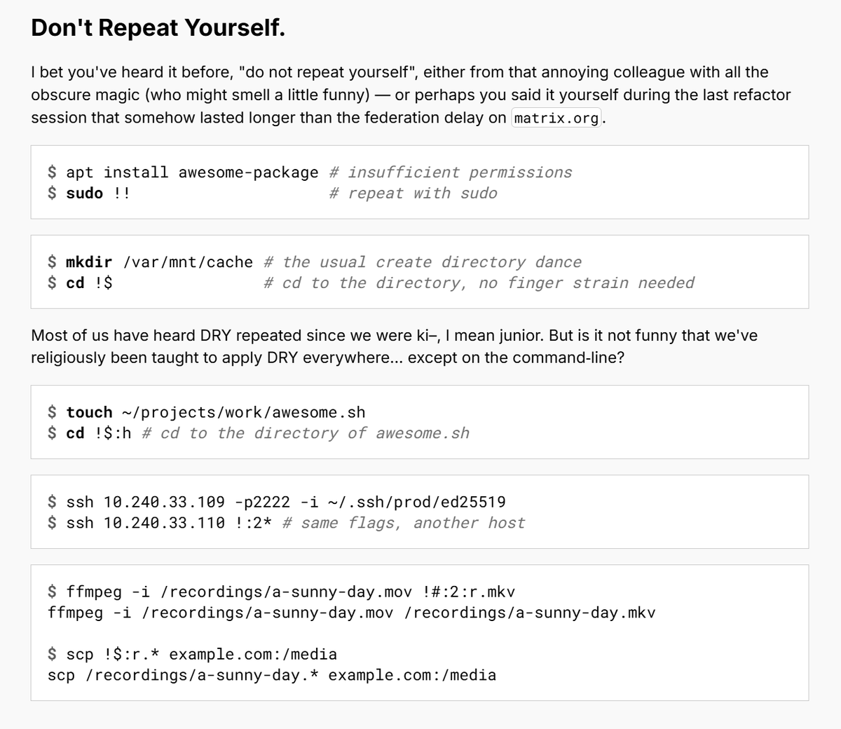 hey_prash's tweet photo. I can bet that most linux pros missed these D.R.Y principles. 

Read more here: https://t.co/xwBfZh5c3r

#power #linux users https://t.co/h5zdA582ca