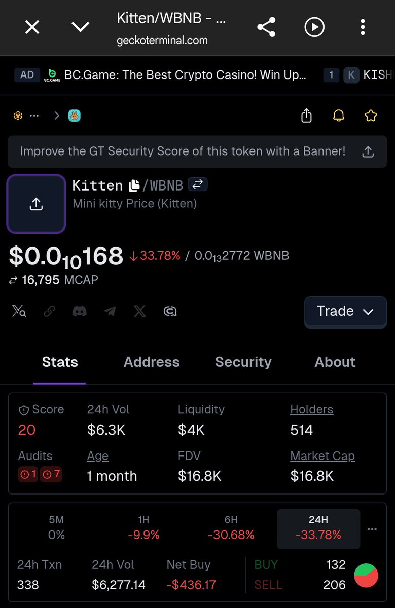 CryptoLoungie's tweet photo. $Kitten at a discount price. 

📈 Community is waking up, not stopping
🔥 Chart is coiled
Load your bags while it’s cheap. Next leg up incoming 🚀
ATH: $30k+ mc

@mini2kitty BSC gem
0xfb540861c4b26d39a3d56e6431036500759d91e7 https://t.co/audqQduJW1