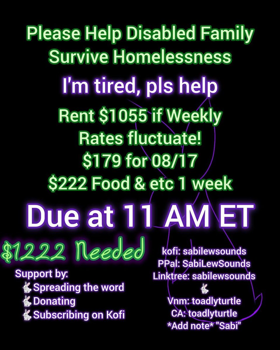 toadlyturtle's tweet photo. @bfitzinAR Only minutes until hotel due at 11 AM ET.
Currently, not even a day is covered for hotel!!
$1192 would cover both a week in hotel, as well as food, etc.
Daily rate is higher than weekly!
No shelter = β οΈ for Sabina & elder.
https://t.co/8L0nag1LK5
#MutualAid #ALT4me https://t.co/tqanUQ7sst