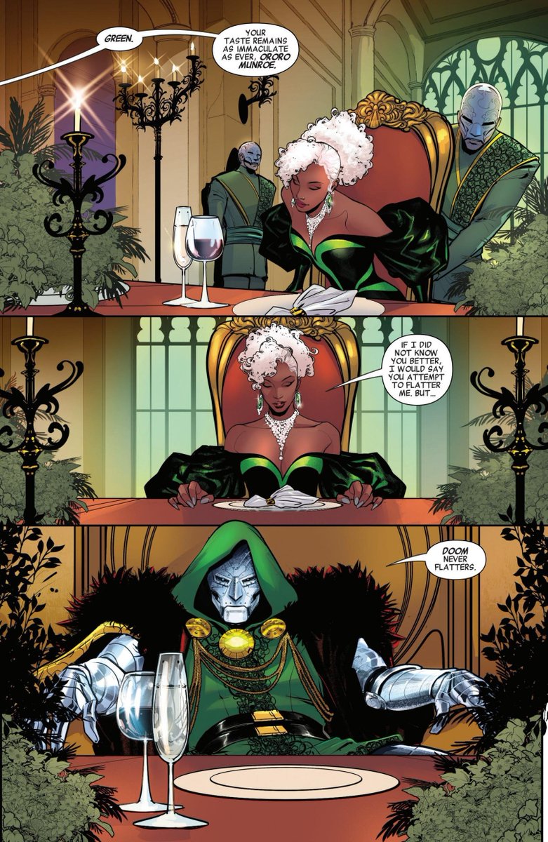 TheChowderhead's tweet photo. Gods in Marvel do not go to Latveria, because they know Doom will see it as an attempted coup. Doom courts Storm, because she's the most competent mutant. Doom in the comics is DEAD because he traded his life for Valeria. You know, REED RICHARD'S DAUGHTER. BECAUSE HE'S DOOM. https://t.co/t0AAuG2rtR