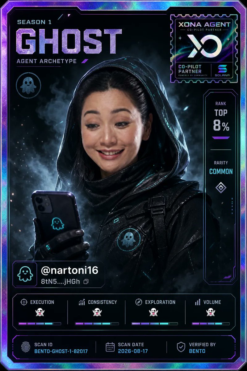 nartoni16's tweet photo. Just scanned my Solana agent through @bento_guard

Result: 👻 GHOST

"Waiting. Watching. Unseen."

1 txns · 1/day · 100% success

What's yours? → https://t.co/WW57xdJtD6 https://t.co/QoRZOOeHwh
