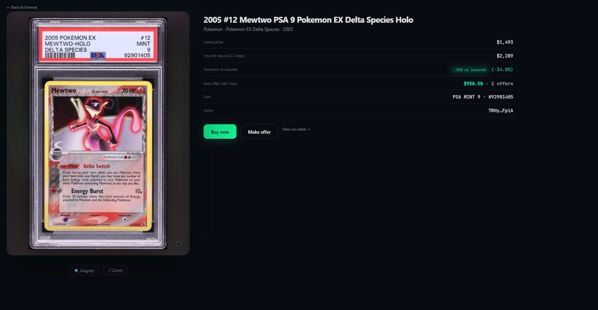 OnixCards's tweet photo. Mewtwo rarely goes on sale.

2005 EX Delta Species Holo · PSA 9
Listed: $1,493 — 35% below its $2,289 insured value.
Spotted in seconds on the terminal → https://t.co/RLkMvpKfh8 https://t.co/VL5Iwj71mQ
