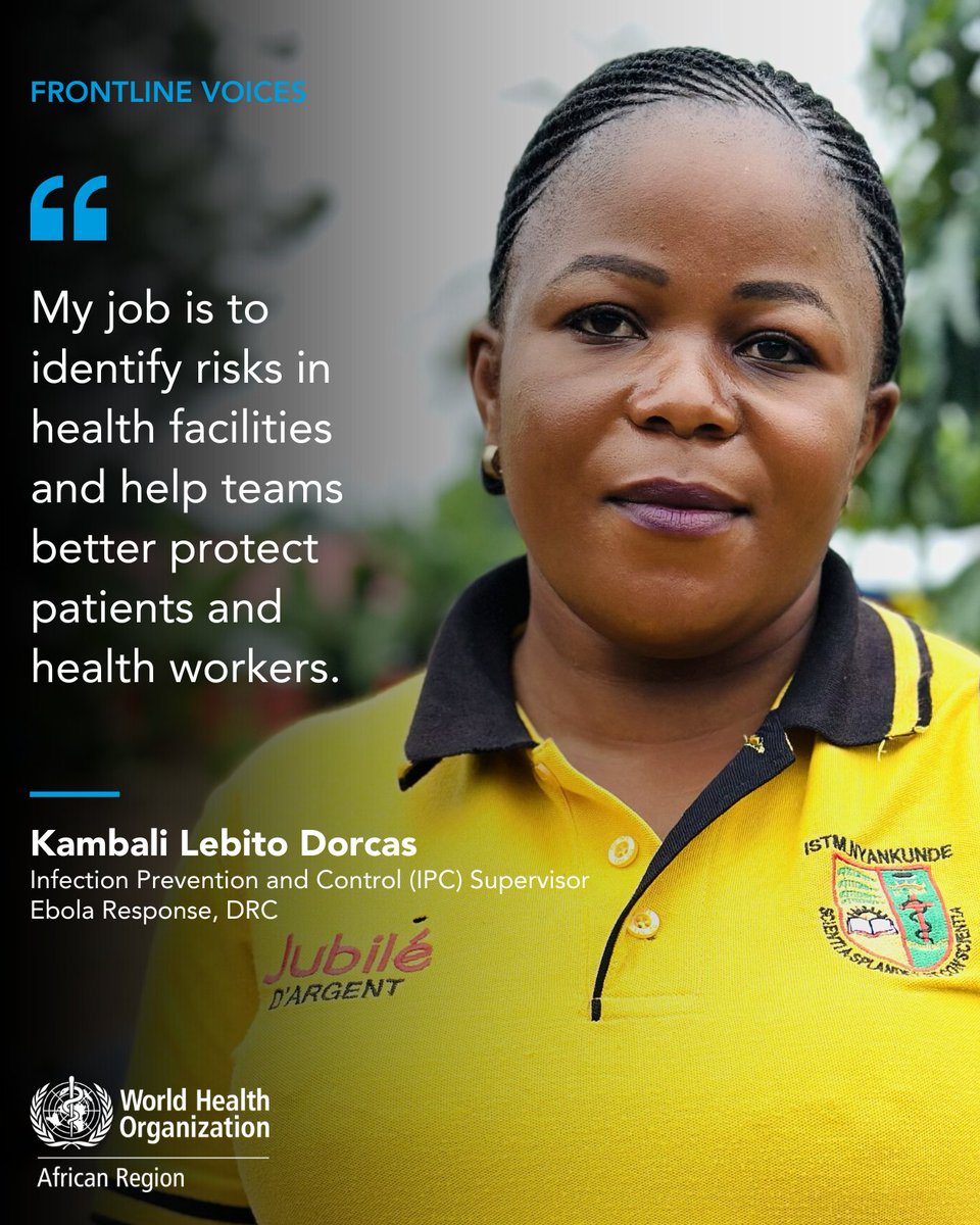 WHOAFRO's tweet photo. Every day, Kambali Lebito Dorcas, an infection prevention and control (IPC) supervisor, visits the 11 health facilities under her supervision to assess practices, identify gaps and support health workers in strengthening protective measures against #Ebola.

Her day begins with planning activities and ends with a debrief on findings from the field. Her commitment is also personal: a colleague contracted Ebola and later recovered.