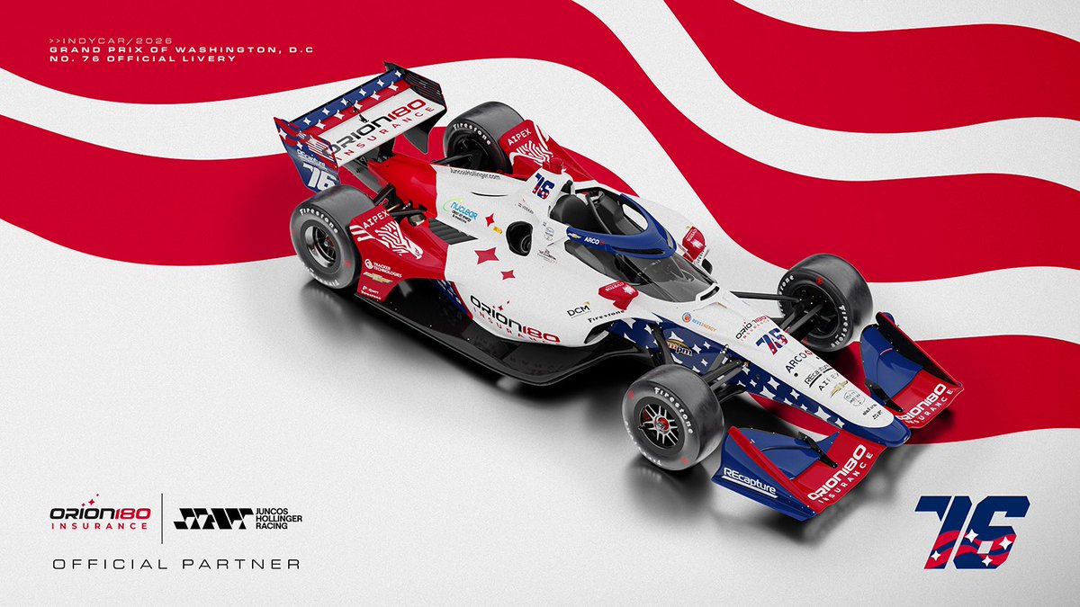 juncoshollinger's tweet photo. Red, white, blue and ready for D.C. 🇺🇸

Proud to have @orion180ins back on the No. 76 with a special look for the Freedom 250 Grand Prix of Washington, D.C.

A livery made for a historic weekend 🦅

#GoJHR #INDYCAR https://t.co/ykxSkuoTrz