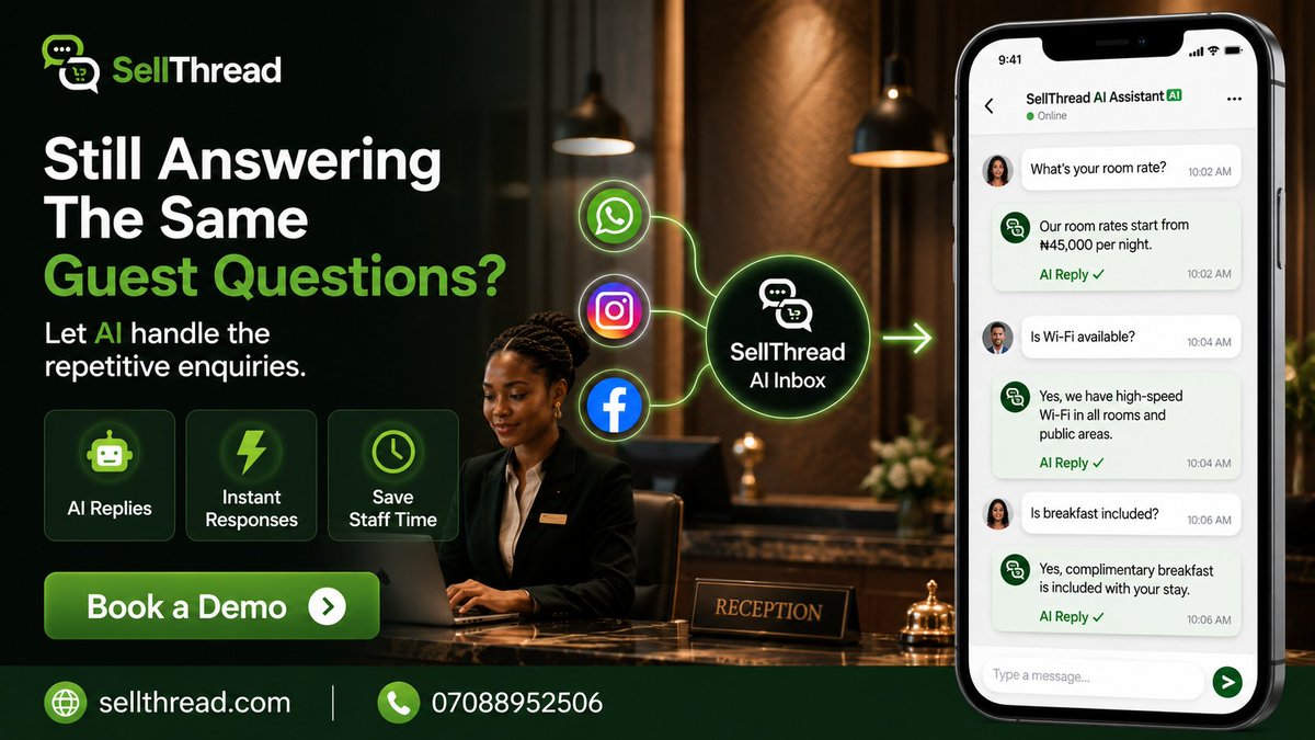 Binarylabshq's tweet photo. Still answering the same guest questions every day?
Let Sellthread’s AI handle repetitive enquiries across WhatsApp, Instagram & Facebook.
Quick answers for guests. More time for your team.
https://t.co/4VCOWtgUrY
07088952506
#sellthread #hotelmanagement #guestexperience https://t.co/7oocGbQCdL