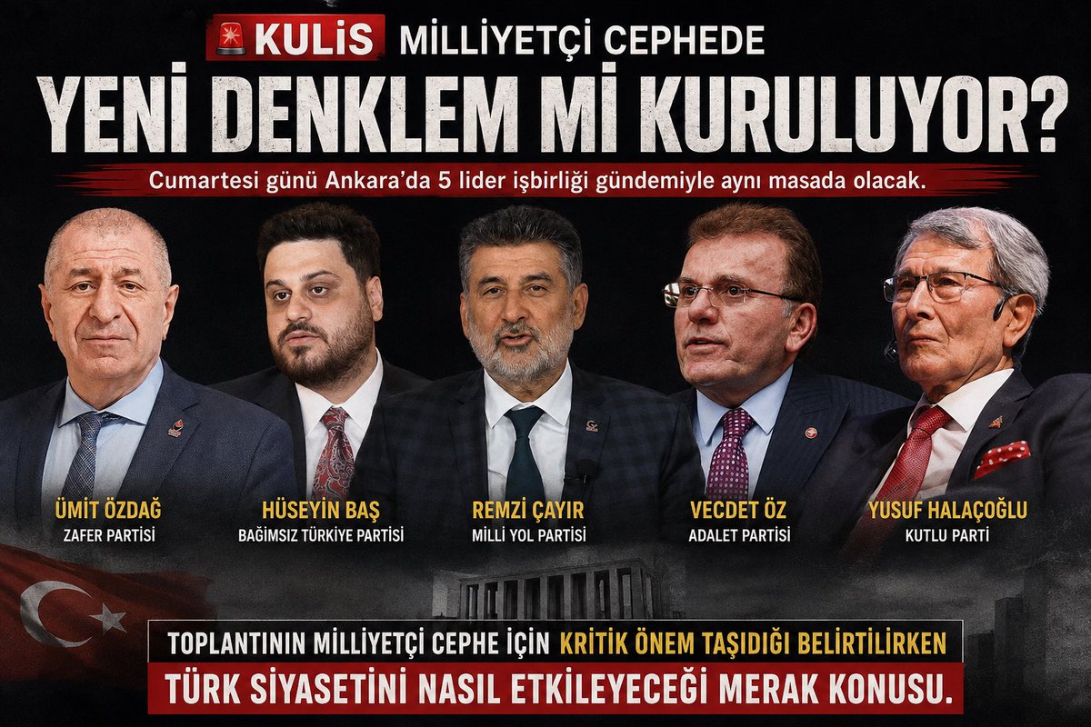 HaberMOD's tweet photo. 🚨 KULİS | MİLLİYETÇİ CEPHEDE YENİ DENKLEM Mİ KURULUYOR? 

Cumartesi günü Ankara’da 5 lider işbirliği gündemiyle aynı masada olacak.

• Ümit Özdağ – Zafer Partisi

• Hüseyin Baş – Bağımsız Türkiye Partisi

• Remzi Çayır – Milli Yol Partisi

• Vecdet Öz – Adalet Partisi

• Yusuf Halaçoğlu – Kutlu Parti

Toplantının milliyetçi cephe için kritik önem taşıdığı belirtilirken Türk siyasetini nasıl etkileyeceği merak konusu...

-HaberMOD / ÖZEL-

🗞️Doruk Çanakçıoğlu 
@doruk_cnkc