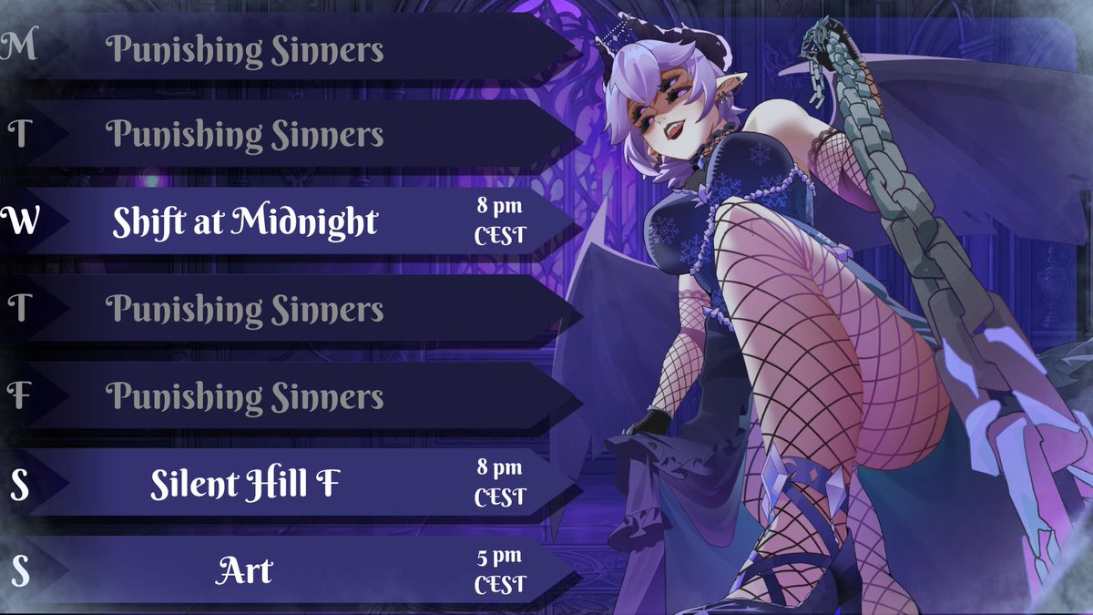 FrozenSinVT's tweet photo. New Schedule Design??

❄️ HELL YEAH and lots more fun Streams this week!!!❄️ 

Shift at Midnight with the Homie @FrogtheOni , more Silent Hill F and Arts!!!
Excited to see you there!! 💜 ⛓️ https://t.co/Gda8HBoLkZ