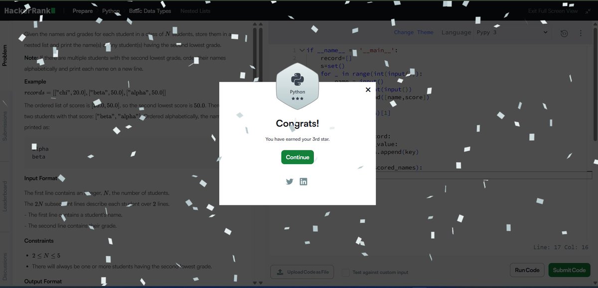 Rohith_Itagi's tweet photo. 3rd Star on HackerRank
Small problems, but each one is improving my Python + problem-solving fundamentals. Learnt how to understand the problem statement and how to reach the desired ouput step by step

#Python #HackerRank #DSA #Coding #LearningInPublic #Day13tillplacement https://t.co/g04mwYopza