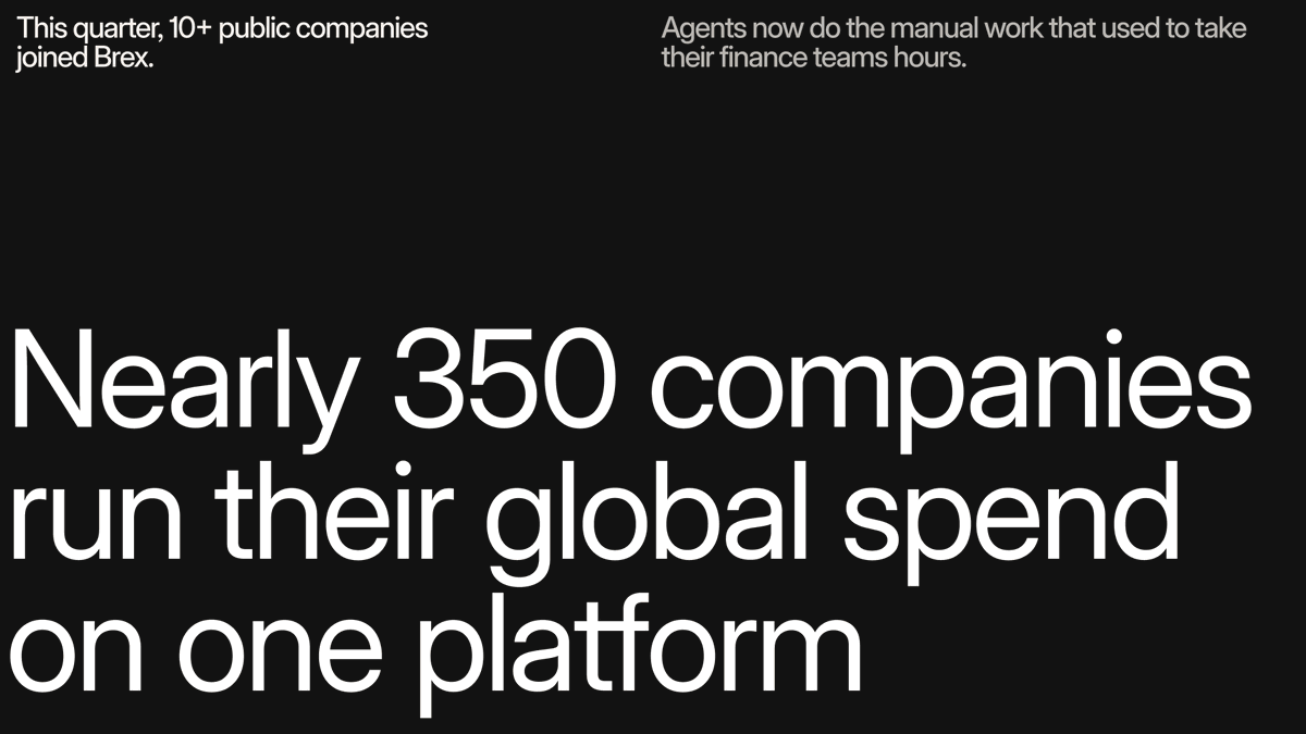 pedroh96's tweet photo. This quarter, 10+ public companies joined Brex. Now, nearly 350 run their global spend on one platform, with agents doing the manual work that used to take their finance team hours to do. https://t.co/HkdELkHs9E