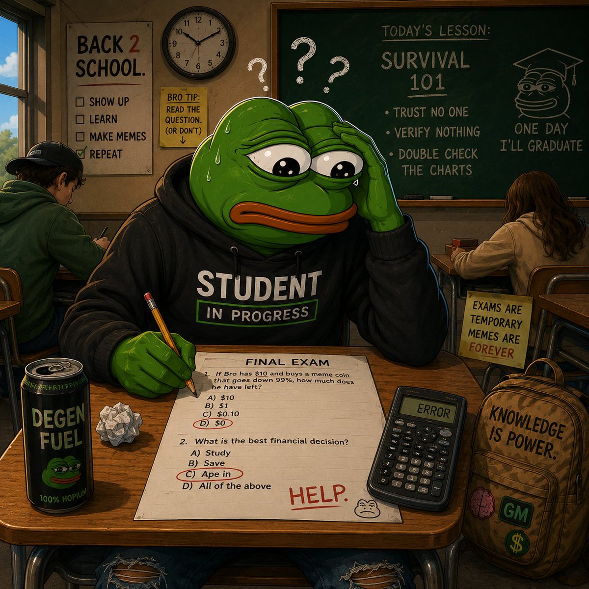 BackToSch0's tweet photo. Post 5 — Bro vs. The Exam

Teacher: “Did you study?”

Bro: “Absolutely.”

Bro opens the exam.

Bro: “I have made a terrible mistake.” 💀

🎒🐸 $2SCHOOL https://t.co/XtUv6gMhPo