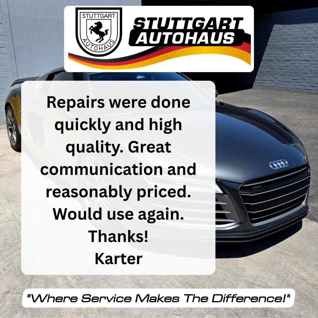 StuttgartAutoAZ's tweet photo. Thanks for the great review, Karter! We’re happy we could get the repairs done quickly and right. We appreciate your business and look forward to seeing you again! Andy and the crew at Stuttgart Autohaus

#700googlereviews #StuttgartAutohaus50Years https://t.co/cgh015BlLg https://t.co/q6MnuB1upe