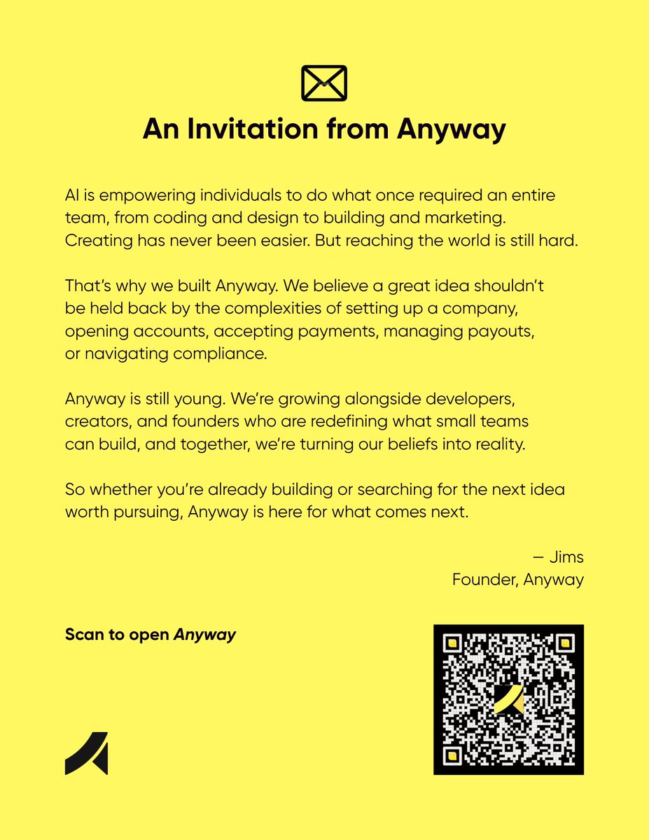 JimsYoung_'s tweet photo. Introducing Anyway Business, our new product for the AI era of internet businesses.

Today, you can build and ship software in a weekend. But turning that product into a real business still means stitching together payments, billing, payouts, and compliance.

Anyway Business brings it all into one place.

Build what people want.

We’ll take care of how the money moves.

#MoneyMovesAnyway