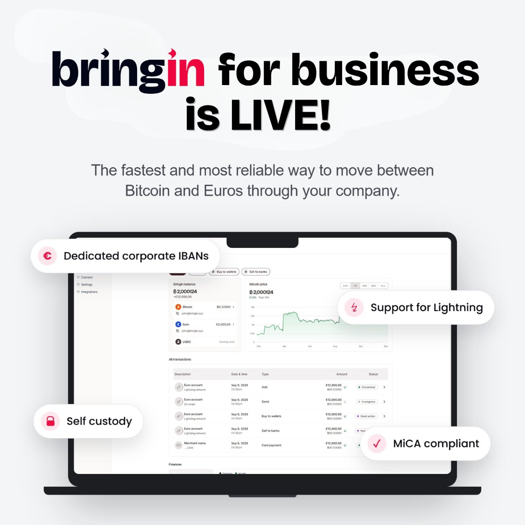 bringinxyz's tweet photo. Bringin for Business is LIVE! 🎉

10 businesses go live today in a first private beta - a Bitcoin banking platform for Bitcoin-friendly businesses tired of being de-banked.

More details below👇🏻🧵