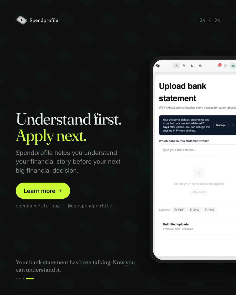 usespendprofile's tweet photo. Before you apply for that loan...

Ask yourself one question:

Do you really understand your bank statement?

Spendprofile turns pages of transactions into clear financial insights, so you can prepare with confidence.

#spendprofile #loanapplication #financialliteracy #moneyhabit https://t.co/62QN0Ge5xK