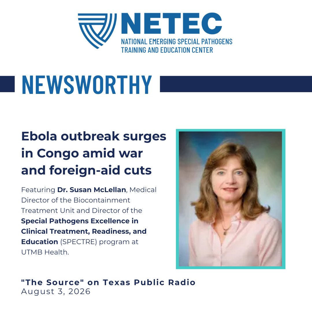 The_NSPS's tweet photo. NETEC expert Susan McLellan, MD, of @utmbhealth joined Texas Public Radio’s The Source to discuss the ongoing Bundibugyo ebolavirus outbreak in the DRC and challenges surrounding the response.
🎧 Listen: https://t.co/OW0fvz4QvM
#Ebola #Preparedness #NETEC https://t.co/15jhr5QjZO