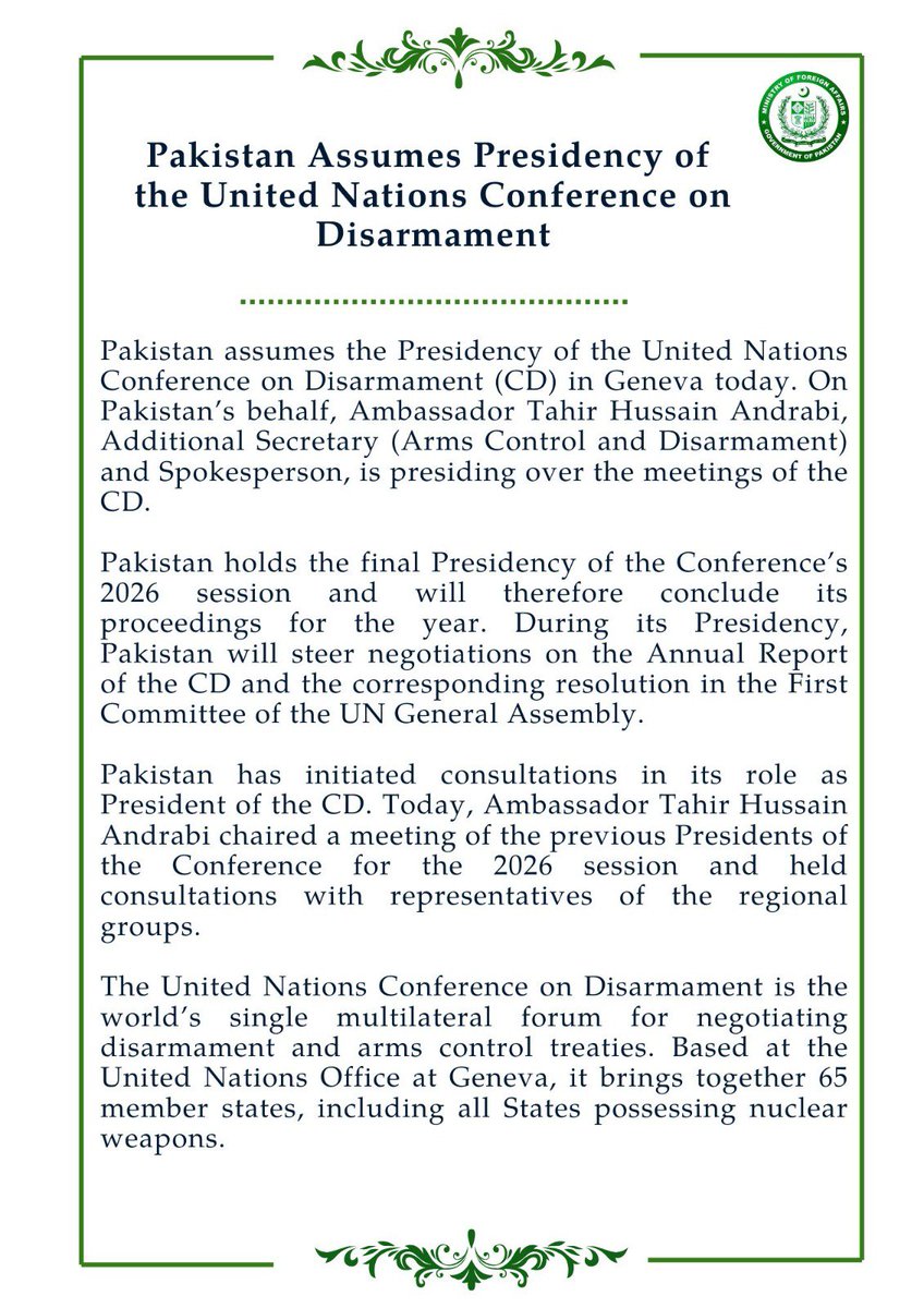 ForeignOfficePk's tweet photo. 🔊PR No.2️⃣1️⃣6️⃣/2️⃣0️⃣2️⃣6️⃣

Pakistan Assumes Presidency of the United Nations Conference on Disarmament 

🔗⬇️ https://t.co/7nyXUnX8z0