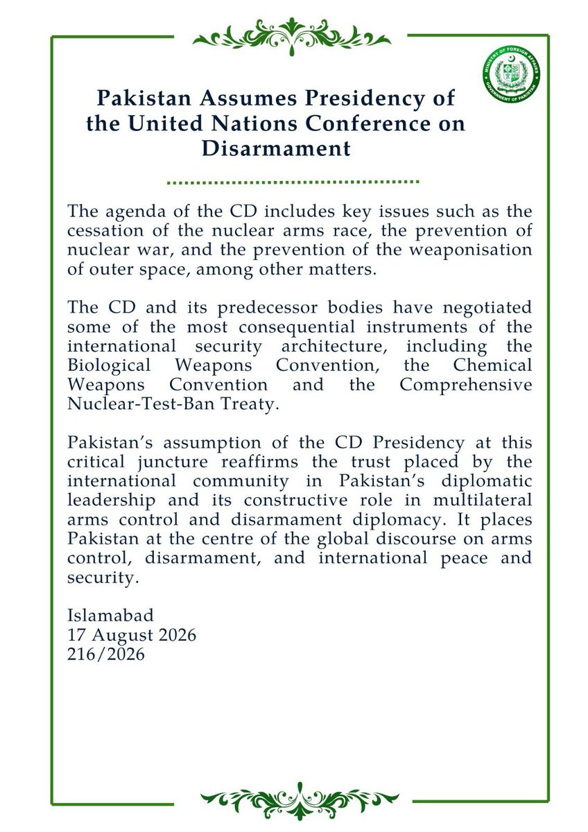 ForeignOfficePk's tweet photo. 🔊PR No.2️⃣1️⃣6️⃣/2️⃣0️⃣2️⃣6️⃣

Pakistan Assumes Presidency of the United Nations Conference on Disarmament 

🔗⬇️ https://t.co/7nyXUnX8z0