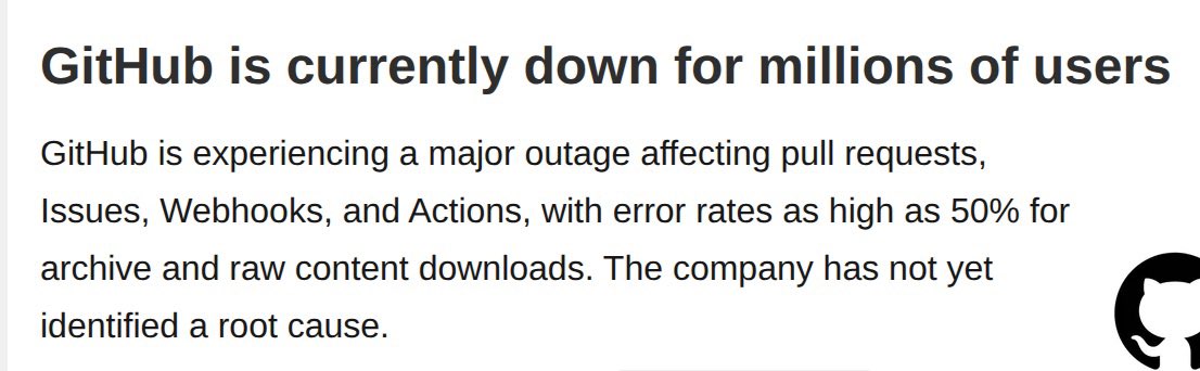 rhrits's tweet photo. GitHub is down for millions of users, affecting Pull Requests, Issues, Webhooks, Actions and apparently the one thing developers depend on more than coffee pretending everything is under control.
Root cause still unknown.  🥲💻
#GitHubDown #GitHubOutage #GitHubCopilot #github https://t.co/x3JFaRVD4z