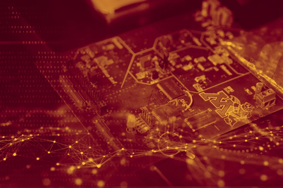 A close-up view of an abstract, digitally-altered circuit board, featuring intricate lines and connectors. The image is overlaid with a pattern of glowing nodes and lines, resembling a network. The overall color scheme is red and burnt orange, creating a futuristic and technological appearance.