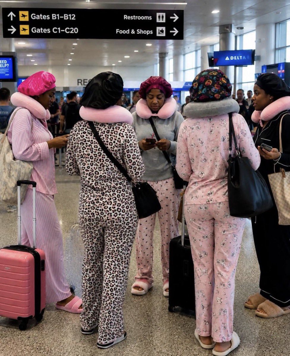 AffluentMist's tweet photo. Is it actually okay to wear pajamas on a flight, or should we all agree there’s a dress code for airports? 👀 https://t.co/s1bq39l6z2