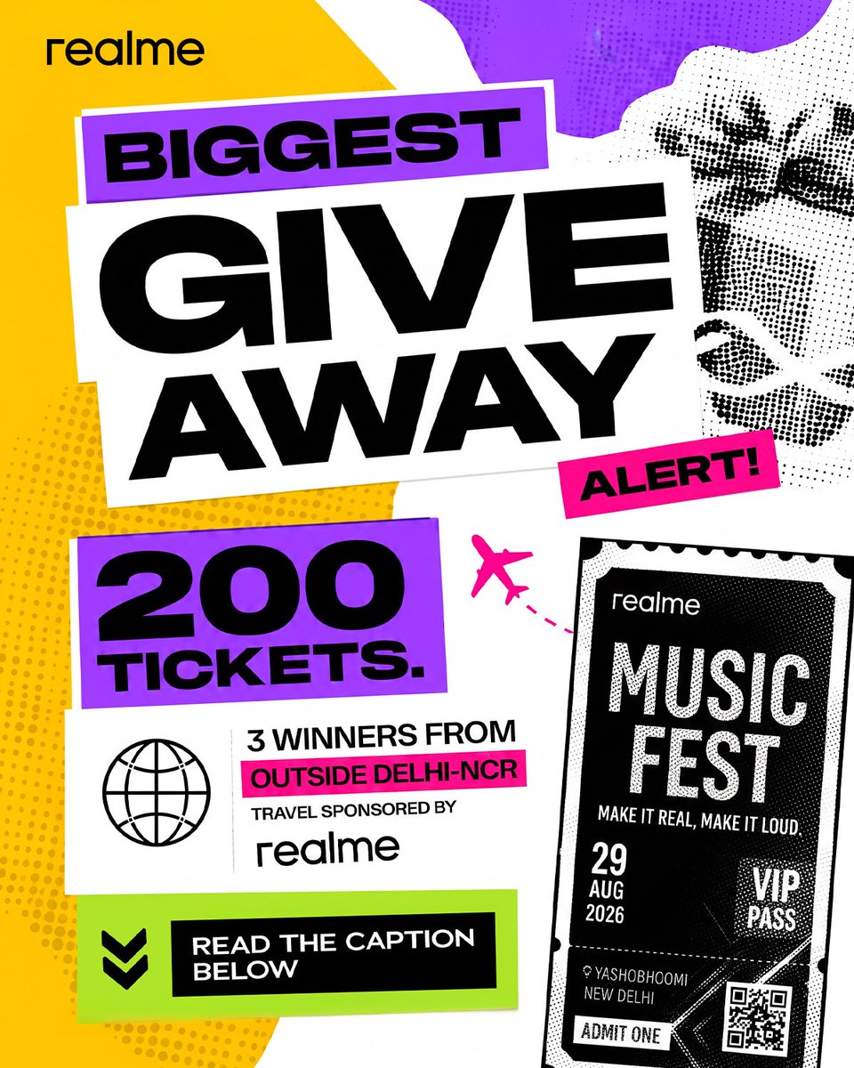 realmeIndia's tweet photo. 🎟️ GIVEAWAY ALERT! 200 realme Music Fest tickets are up for grabs! 🔥

Travelling from outside Delhi-NCR? 3 winners will also get their travel sponsored by realme. ✈️

📅 17th–21st August

Crack the date: 🧩
30 + 1 - 2 = ?

Hint: The month comes right after July. 😉

Reply with your answer + tell us who you’d bring to the Fest! 🎶

T&Cs: https://t.co/NlCquaXIMs

#realme #realmeMusicFest #RoadToFest #Giveaway #Giveaway