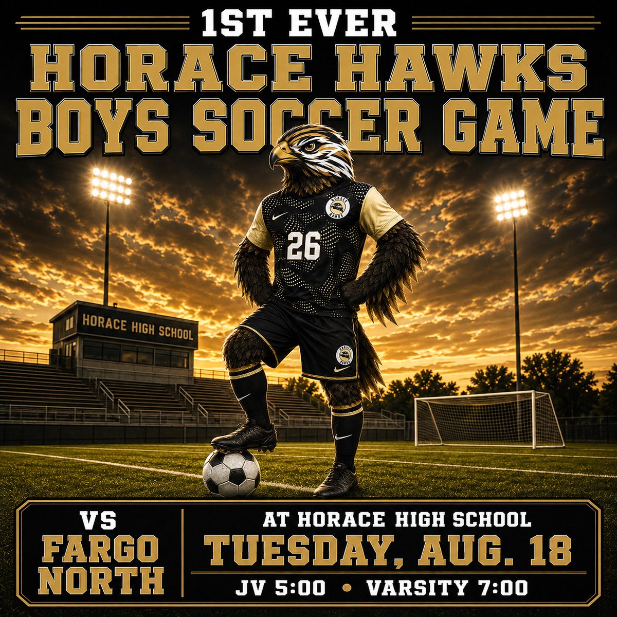 HoraceHSSoccer's tweet photo. 1 more day until the first-ever Horace Hawks Boys Soccer game! Join us for first kickoff against Fargo North Spartans. https://t.co/2vC2tlG362