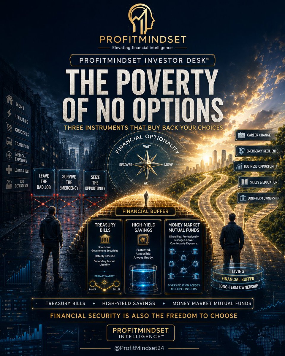 ProfitMindset24's tweet photo. PROFITMINDSET INVESTOR DESK™
THE POVERTY OF NO OPTIONS

Three Instruments That Buy Back Your Choices

Financial hardship is painful partly because it removes choices.

You cannot leave the bad job.

You cannot absorb the emergency.

You cannot seize the opportunity.

Savings do more than store money.
They preserve options.