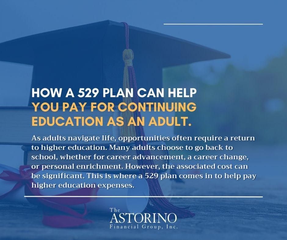 AstorinoGroup's tweet photo. Thinking about going back to school? Many people are surprised to learn that 529 plans aren't just for children. They can also be a valuable tool for adults pursuing higher education, professional development, or a career transition. https://t.co/nTneOPGQRK