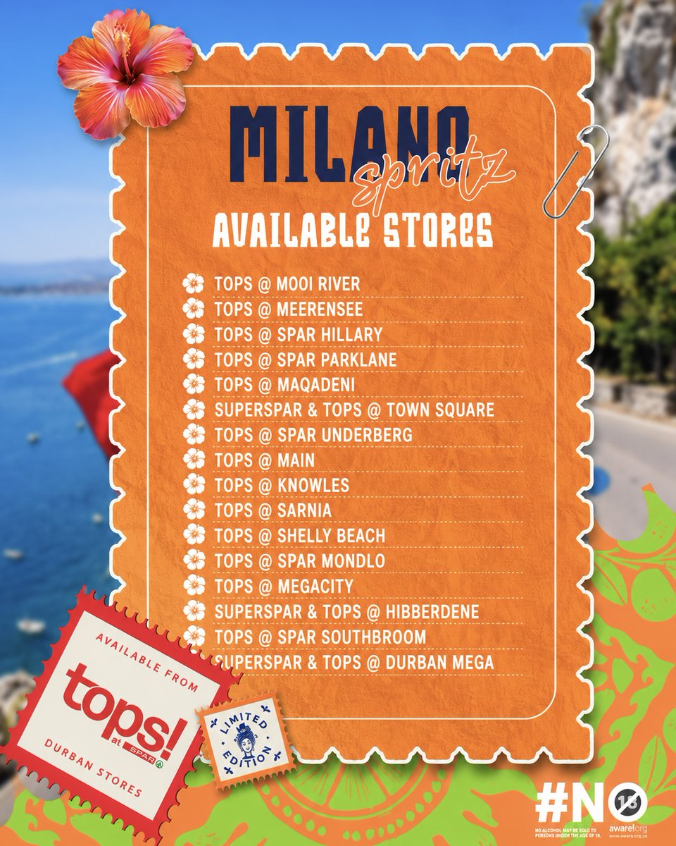 ChillersPunch's tweet photo. Durban, We’re Stocked 🍹🇮🇹

Milano Spritz is now available at selected TOPS at SPAR stores across Durban. 👀

Find your nearest spot and make it a Milano one. 😉

#ChillersPunch #CPxTT #ThandekaTshabalala #MilanoSpritz https://t.co/8W7nFaEA8e