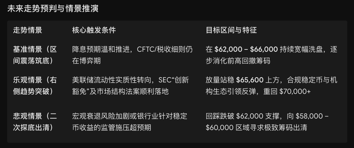 AnnaWalletV's tweet photo. 围绕当前加密行业的核心链上与财报数据、近期盘面特征以及中长期未来走势，加密行情解析如下：

核心数据基本面：

大盘筹码与持仓沉淀：BTC 当前在 $62,000 – $65,000 价格带形成筹码密集区，链上已有超 15.5 万枚 BTC 在该区间完成换手吸筹。

机构巨头持仓与盈亏：Strategy（原 MicroStrategy）在经历 Q2 约 $83.2 亿的未实现资产损失后，持仓仍扩张至 84.3万 ~ 84.6万枚 BTC，并储备了 $37.5 亿现金以支持其 DAT 2.0（数字资产财政）策略运转。

合规生态与安全溢价：Circle 取得纽约有限目的信托牌照（Circle New York Trust）；同时受 Coldcard 硬件钱包固件漏洞事件（损失逾 7,000 万美元）冲击，机构合规托管（如 Coinbase Custody）的资金集中度与估值溢价持续上升。

近期行情现状分析：

区间震荡与关键阻力：大盘目前处于左侧筑底阶段，下行在 $62,000 区域具备较强买盘支撑，但上方 $65,000 – $65,600 构成强压阻力，未放量突破前仍以箱体震荡为主。

与美股强联动：加密市场与美股科技板块及宏观风险偏好保持高度正相关，外部避险情绪对短线反弹形成一定压制。

季节性流动性偏弱：历史上 8 月与 9 月通常处于全行业交易活跃度与流动性的相对淡季，盘面缺乏单边爆发式上涨的即时催化剂。

未来走势预判与情景推演：
（如下图）

中长期趋势与策略指引：

资产分化加剧：资金正从高杠杆纯叙事币种向具备生息、支付结算与信托合规属性的底层生态标的集中。

操作策略：震荡筑底期适合采取分批定投（DCA）策略以拉低综合持仓成本，避免在关键阻力位盲目使用高杠杆追涨。

ps：以上分析不作为投资建议，DYOR～