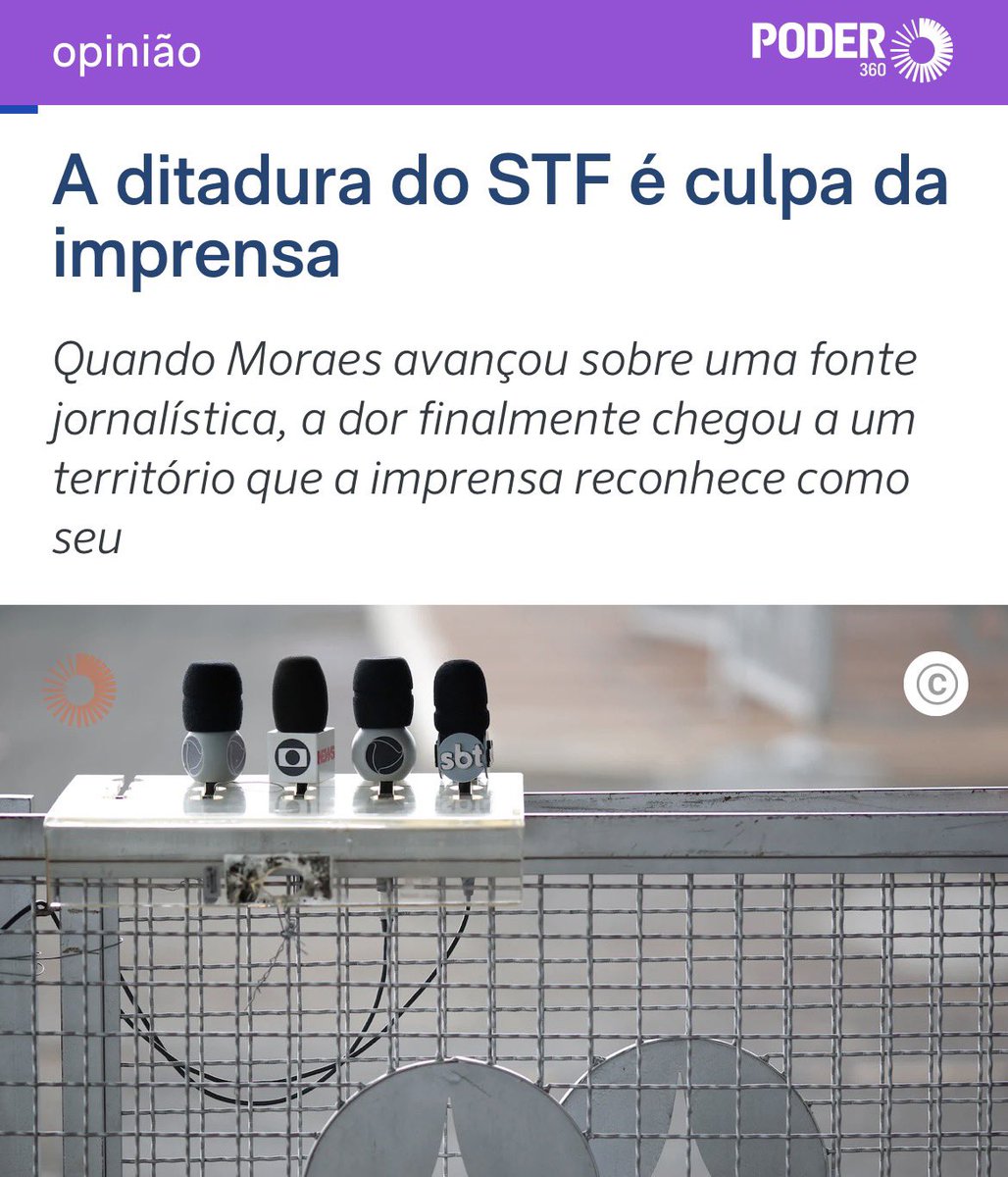 mauad_joao's tweet photo. Tem razão o Marsiglia. Se a grande imprensa não carrega toda a culpa, tem grande responsabilidade pelo Frankenstein que hoje nos assola. 👇

A Ditadura do STF é Culpa da Imprensa 
André Marsiglia 

“Quem acompanha o STF desde a abertura do inquérito das fake news, em 2019, já viu censura, bloqueio de contas, buscas e apreensões, prisões por manifestações políticas e garantias constitucionais relativizadas em nome da “democracia”.

Por que, então, tanta gente se espantou? Porque, diferentemente da ditadura do regime militar dos anos 1970, a ditadura de hoje, promovida pelo STF, disfarça-se e se esconde nas manchetes afáveis da grande imprensa. 

Nenhum jornalista, nos anos 1970, ousaria dizer que a tortura era justificável. Mas a que houve contra Filipe Martins é ignorada. Nenhum jornalista seria medonho a ponto de escrever “vigiar e punir: gostoso demais” enquanto o Dops levava alguém para ser interrogado. Ninguém diria que o general Médici lhe ativava a libido ou escreveria “delegado Fleury, pega o meu cartão”. Mas tudo isso ocorreu recentemente em relação à ditadura do STF.

Durante anos, a imprensa esquerdista aceitou que garantias fossem relativizadas quando os alvos eram bolsonaristas, usuários das redes sociais ou jornalistas que ela não considerava suficientemente jornalistas, por não serem de esquerda. Agora, diante do ataque a uma fonte jornalística, reconhece-se ameaçada e se choca.

A diferença entre Médici e Moraes não está em Médici ou Moraes, mas na imprensa ideológica que os descreve de forma diversa.

Durante o regime militar, quando podia denunciar o autoritarismo, a imprensa denunciava. Quando não podia, alguns jornais publicavam poemas e receitas no lugar do material censurado. Até a ausência da notícia denunciava a existência do censor. Hoje, a imprensa de esquerda oferece espontaneamente ao poder a manchete que legitima seus excessos.

Quando Moraes avançou sobre uma fonte jornalística, a dor finalmente chegou a um território que a imprensa reconhece como seu. Tornou-se mais difícil explicar o abuso como instrumento democrático. O episódio escancara aquilo que ela fingiu não enxergar até então.

O jornalista e escritor Mario Sabino lembrou, em postagem no X, com sagacidade, que o inquérito das fake news já dura mais de ⅓ de todo o período do regime militar.

Talvez, pelo disfarce dado pelas manchetes da grande imprensa ideológica, a ditadura do STF dure tanto, talvez até se perpetue, enquanto estiver seduzindo jornalistas de esquerda, atacando seus inimigos, poupando as redações e os interesses dos donos de jornais.”

Leia mais no texto original: (https://t.co/8xSjDIfVQQ)