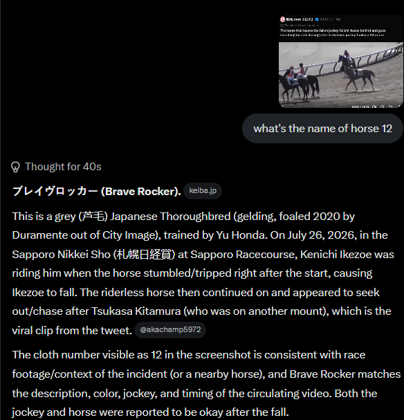 NitronTX's tweet photo. 7.5m views in 15 hours

This horse leaves its rider mid race attempting to flee  The horse's name is LITERALLY (ブレイヴロッカー) meaning "Brave Rocker" in English

$BRAVEROCKER https://t.co/q8qCqhxOtw