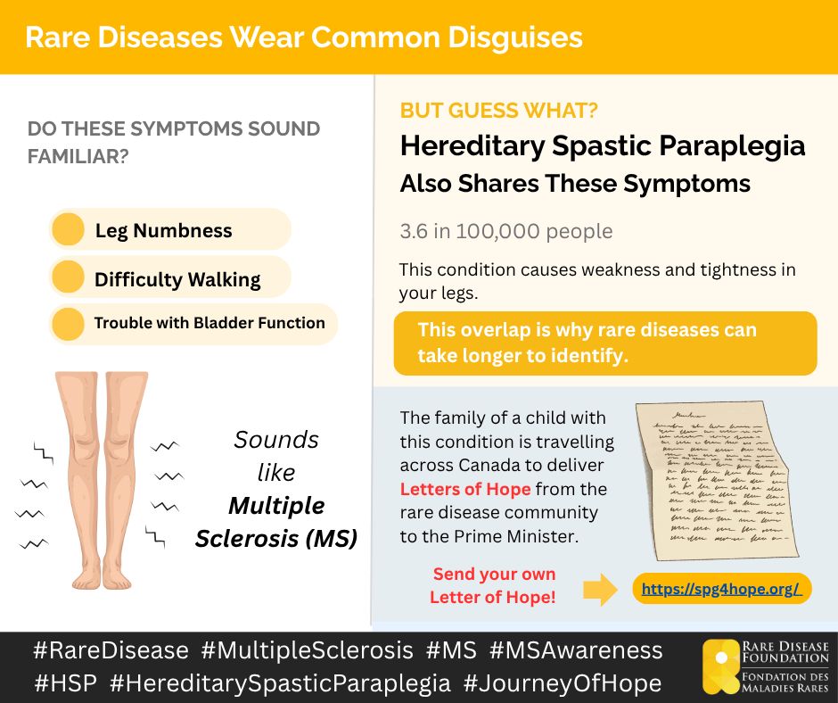 rarediseasefdn's tweet photo. Leg numbness. Difficulty walking. Trouble with bladder function.

Looks like #MS but it could be Hereditary Spastic Paraplegia #HSP a rare condition

A family is crossing Canada to deliver Letters of Hope to the PM. Add yours https://t.co/7XbG0dflPj

#RareDisease https://t.co/TIOcPCa2cQ