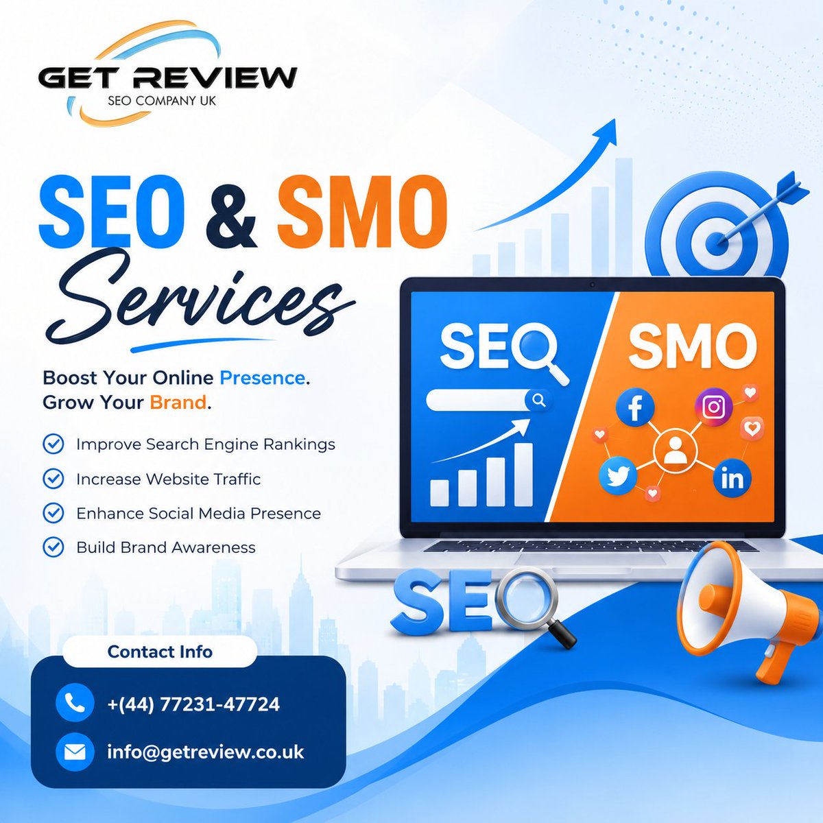 GetReviewUK's tweet photo. 🚀 Ready to grow your online presence?

Our #SEO &amp; #SMO Services help businesses improve search rankings, increase website traffic, boost social engagement, and build a stronger online brand.

📈 Get seen. Get noticed. Get results.

📞 +(44) 77231-47724
📧 info@getreview.co.uk https://t.co/D1xgfcEfEl