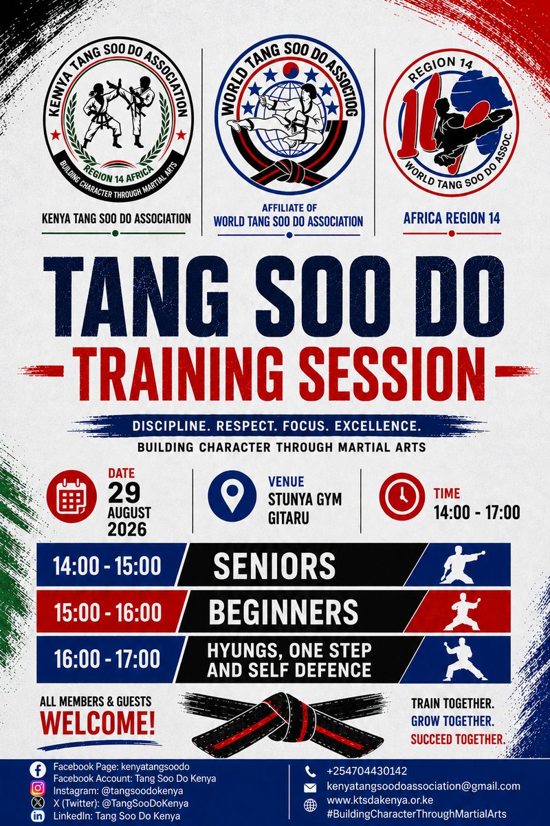 TangSooDoKenya's tweet photo. 🇰🇪🥋 TANG SOO DO TRAINING SESSION
The #Kenya #Tangsoodo #ssociation welcomes you to the #inaugural #training #session 

Follow: @TangSooDoKenya

#TangSooDoKenya #KTSDA #TangSooDo #WTSDA https://t.co/x66gBpTFej
